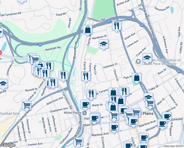 map of restaurants, bars, coffee shops, grocery stores, and more near 33 Fairview Avenue in White Plains