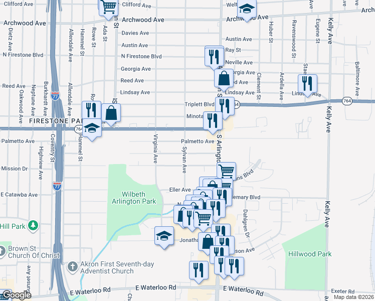 map of restaurants, bars, coffee shops, grocery stores, and more near 919 Donald Avenue in Akron