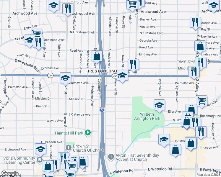 map of restaurants, bars, coffee shops, grocery stores, and more near 629 Donald Avenue in Akron