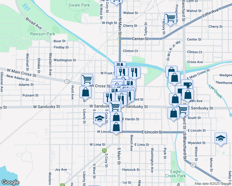 map of restaurants, bars, coffee shops, grocery stores, and more near in Findlay