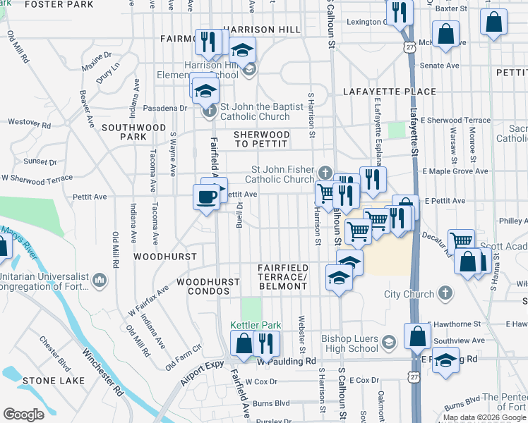 map of restaurants, bars, coffee shops, grocery stores, and more near 4917 Hoagland Avenue in Fort Wayne