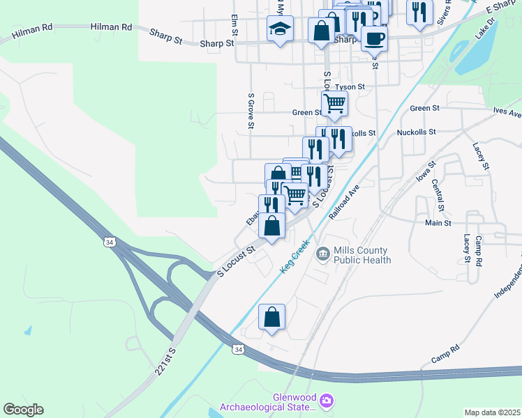 map of restaurants, bars, coffee shops, grocery stores, and more near 302 Ebaugh Street in Glenwood