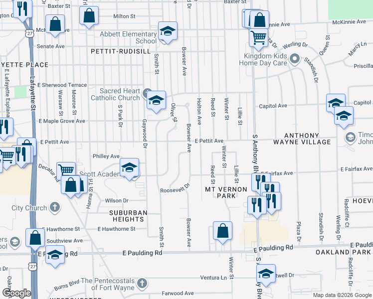 map of restaurants, bars, coffee shops, grocery stores, and more near 4914 Mount Vernon Park Drive in Fort Wayne
