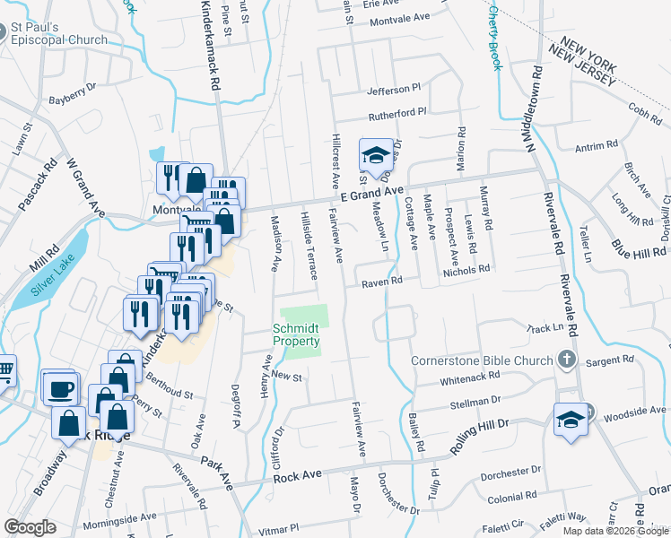 map of restaurants, bars, coffee shops, grocery stores, and more near 24 Fairview Avenue in Montvale
