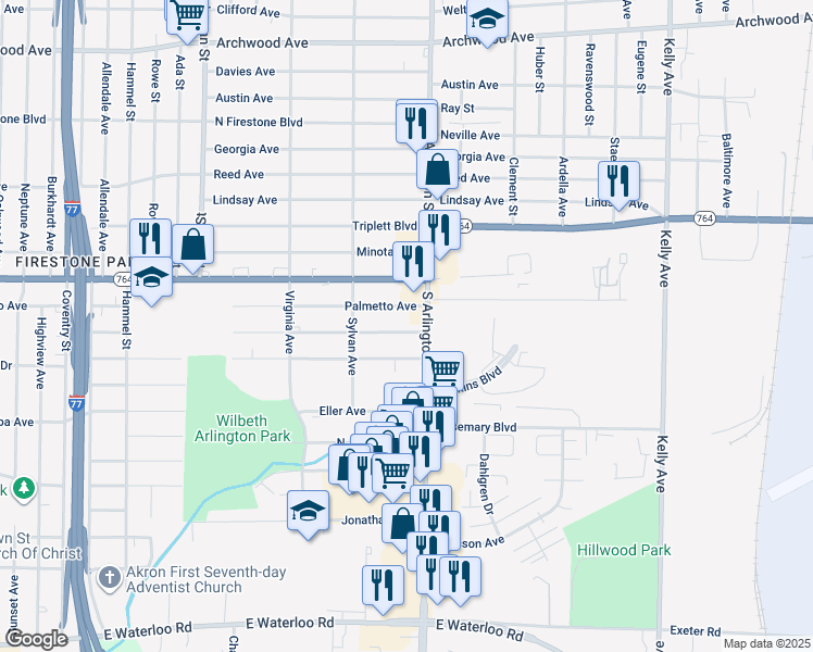 map of restaurants, bars, coffee shops, grocery stores, and more near 955 Donald Avenue in Akron