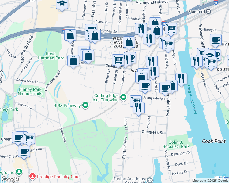 map of restaurants, bars, coffee shops, grocery stores, and more near 74 Durant Street in Stamford
