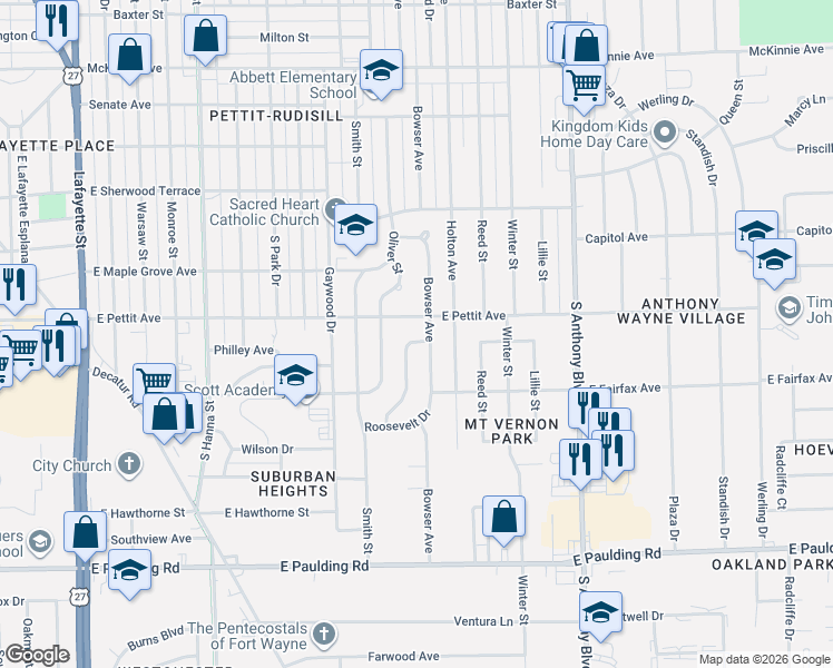 map of restaurants, bars, coffee shops, grocery stores, and more near 4914 Mount Vernon Park Drive in Fort Wayne