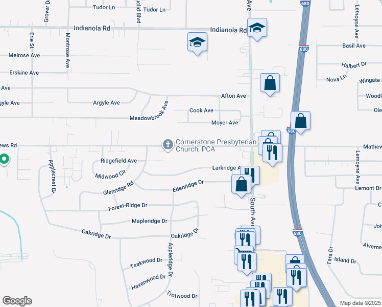 map of restaurants, bars, coffee shops, grocery stores, and more near 815 Mathews Rd in Youngstown