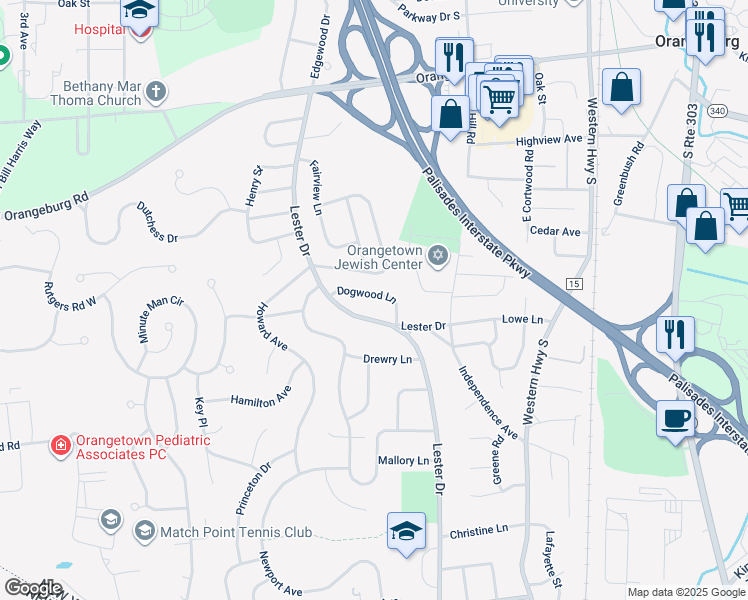 map of restaurants, bars, coffee shops, grocery stores, and more near 8 Dogwood Lane in Orangeburg