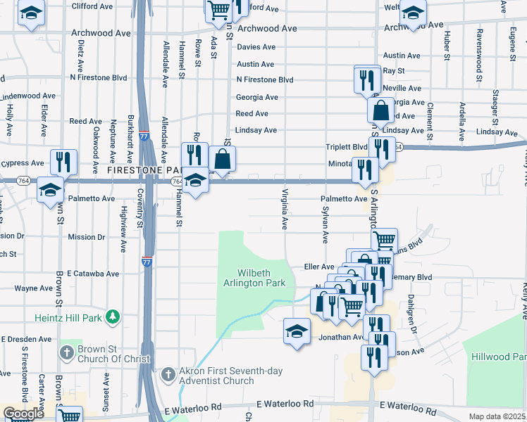 map of restaurants, bars, coffee shops, grocery stores, and more near 781 Donald Avenue in Akron