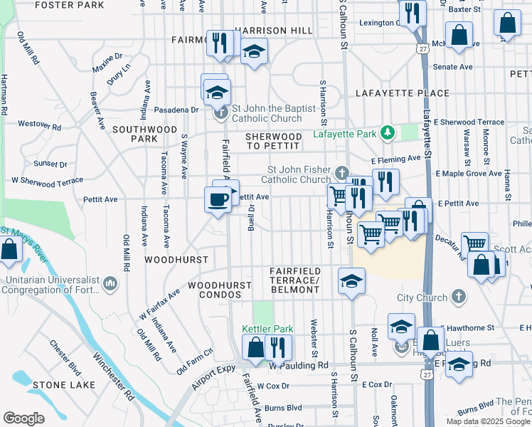 map of restaurants, bars, coffee shops, grocery stores, and more near 4912 Hoagland Avenue in Fort Wayne