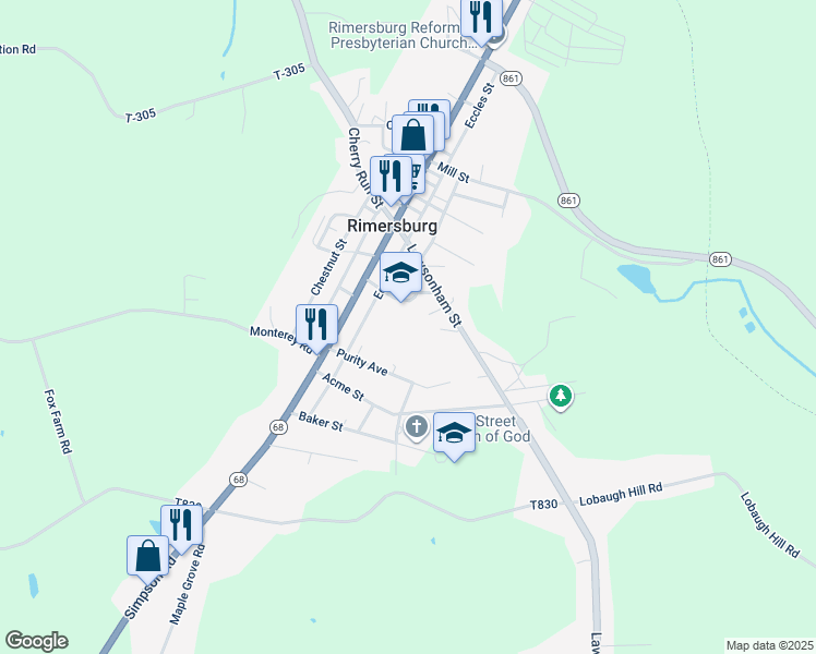 map of restaurants, bars, coffee shops, grocery stores, and more near 88 School Street in Rimersburg
