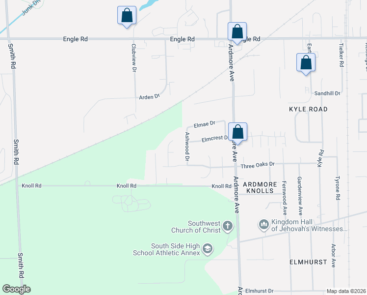 map of restaurants, bars, coffee shops, grocery stores, and more near 4814 Ashwood Drive in Fort Wayne