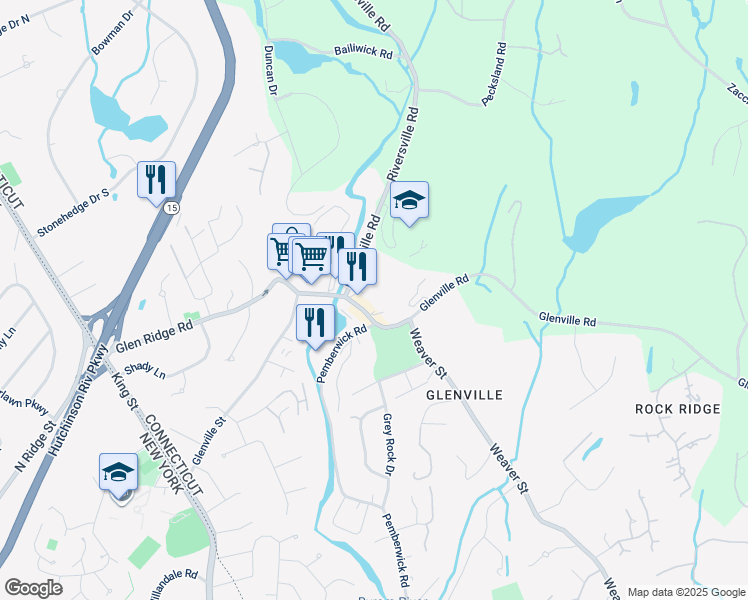 map of restaurants, bars, coffee shops, grocery stores, and more near 255 Glenville Road in Greenwich