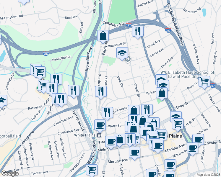 map of restaurants, bars, coffee shops, grocery stores, and more near 57 Park Circle in White Plains