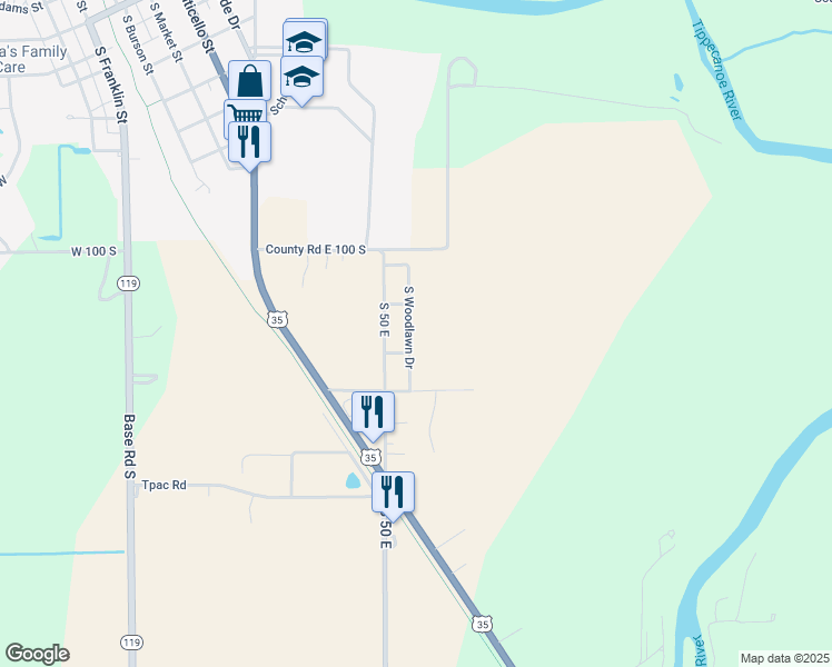 map of restaurants, bars, coffee shops, grocery stores, and more near 1140 South Woodlawn Drive in Winamac
