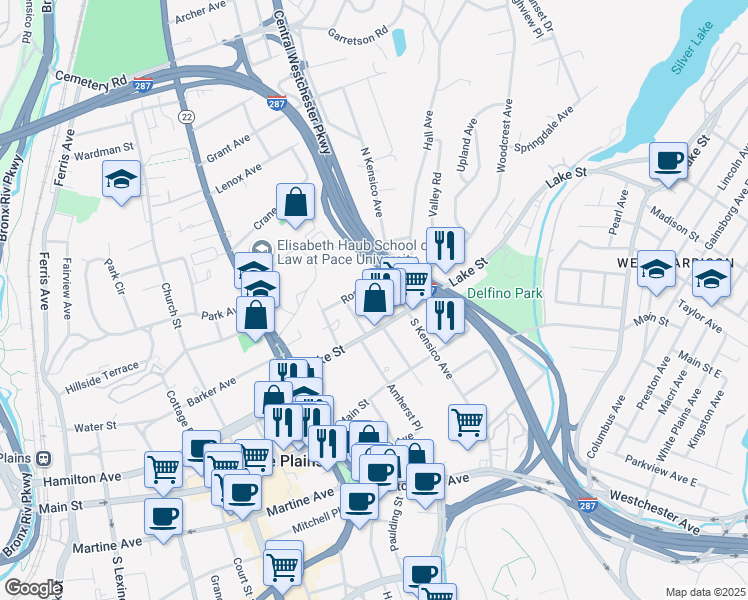 map of restaurants, bars, coffee shops, grocery stores, and more near 11 Terrace Avenue in White Plains