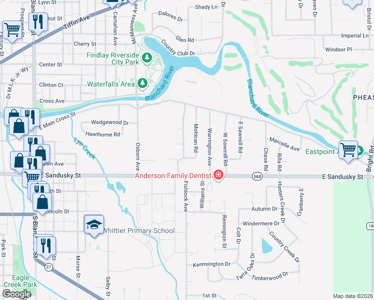 map of restaurants, bars, coffee shops, grocery stores, and more near 309 Huron Road in Findlay