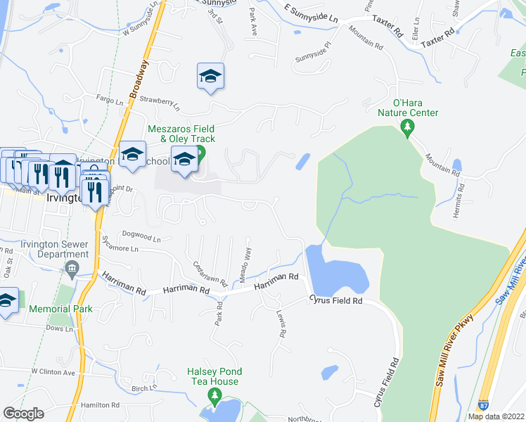 map of restaurants, bars, coffee shops, grocery stores, and more near 129 Rutter Dubois Lane in Irvington