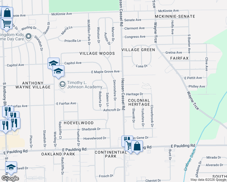map of restaurants, bars, coffee shops, grocery stores, and more near 5001 Salem Lane in Fort Wayne