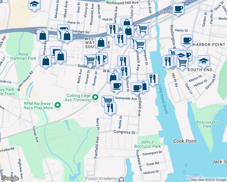 map of restaurants, bars, coffee shops, grocery stores, and more near 377 Fairfield Avenue in Stamford