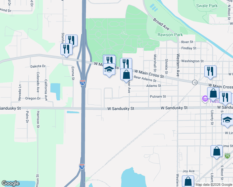 map of restaurants, bars, coffee shops, grocery stores, and more near 428 National Court in Findlay
