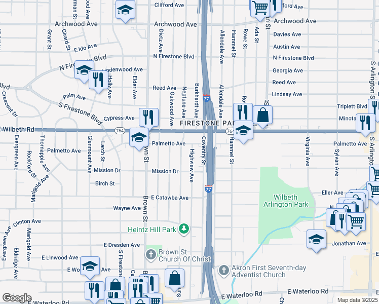 map of restaurants, bars, coffee shops, grocery stores, and more near 1588 Highview Avenue in Akron