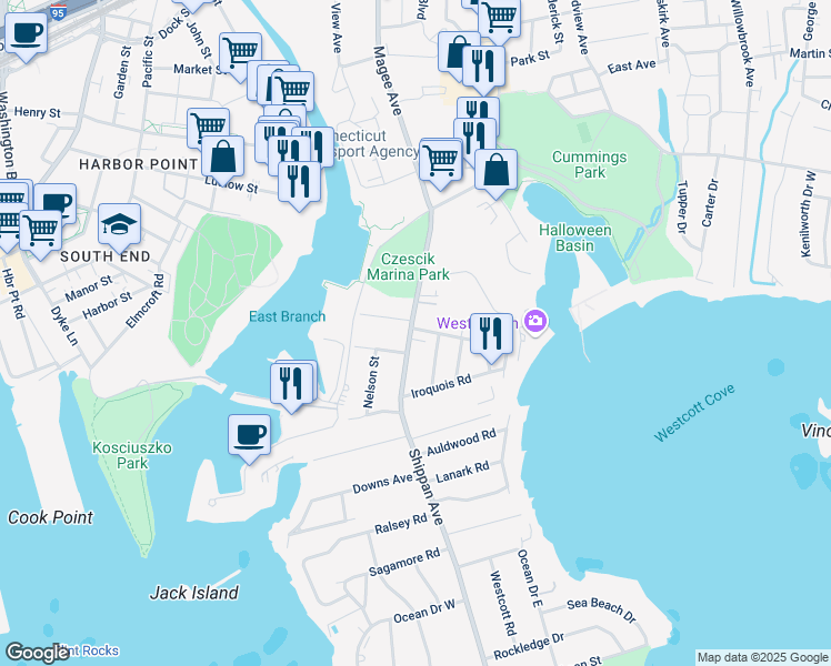 map of restaurants, bars, coffee shops, grocery stores, and more near 7 Rippowam Road in Stamford