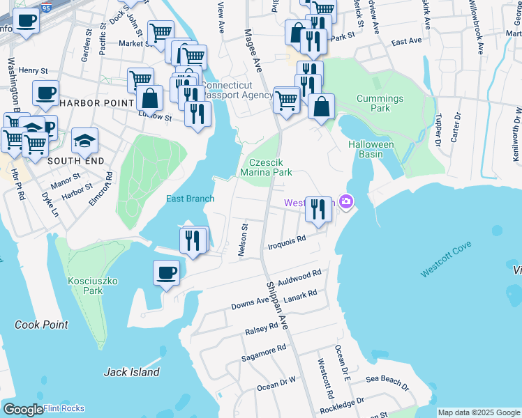 map of restaurants, bars, coffee shops, grocery stores, and more near 7 Rippowam Road in Stamford