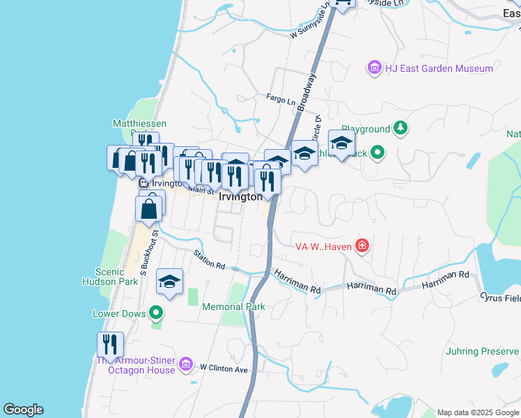 map of restaurants, bars, coffee shops, grocery stores, and more near 9 South Dearman Street in Irvington