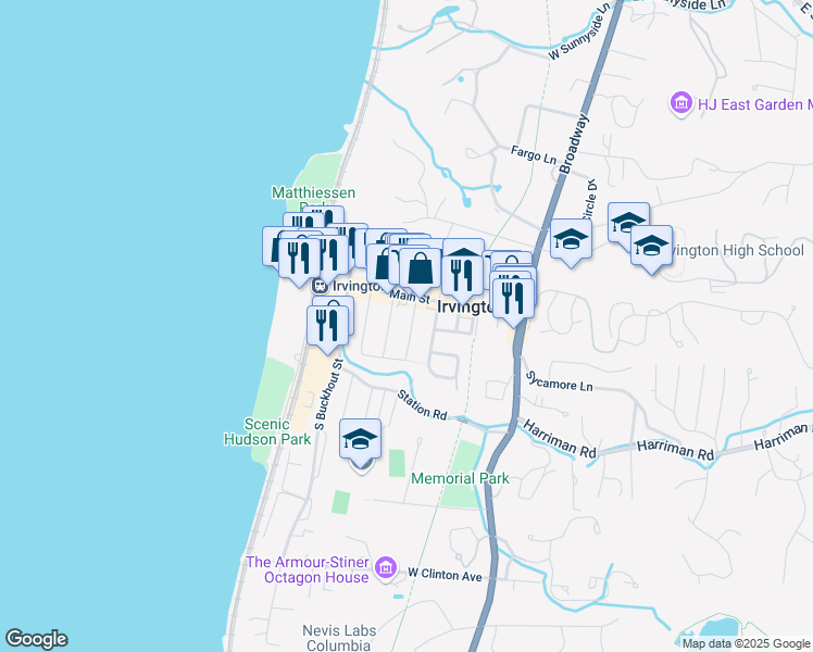 map of restaurants, bars, coffee shops, grocery stores, and more near 19 South Eckar Street in Irvington