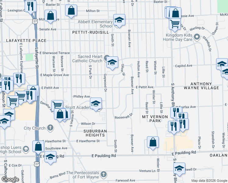 map of restaurants, bars, coffee shops, grocery stores, and more near 4914 Smith Street in Fort Wayne