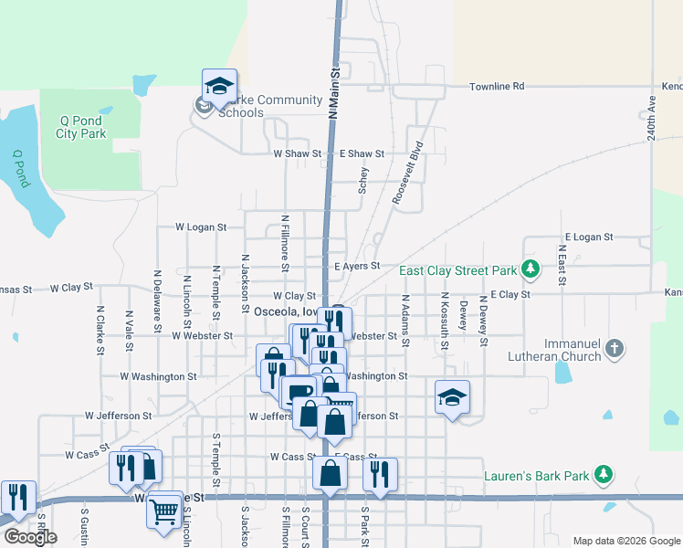 map of restaurants, bars, coffee shops, grocery stores, and more near 122 East Ayers Street in Osceola