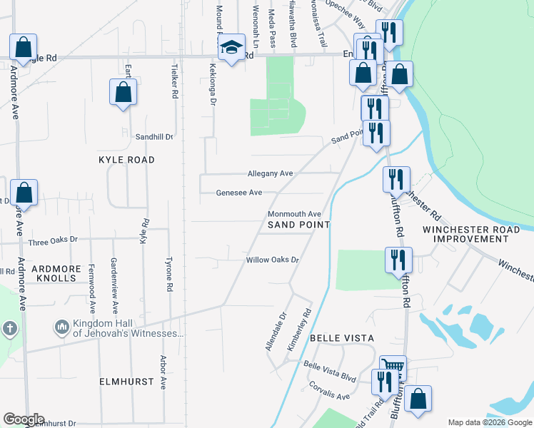 map of restaurants, bars, coffee shops, grocery stores, and more near 2626 Sand Point Road in Fort Wayne
