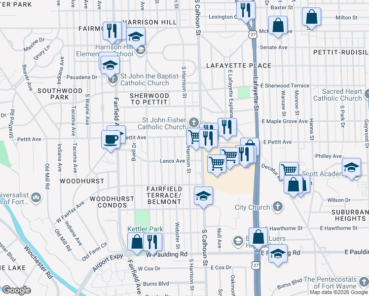 map of restaurants, bars, coffee shops, grocery stores, and more near 4912 Harrison Street in Fort Wayne