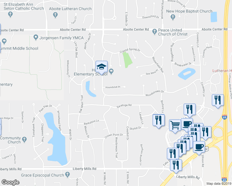 map of restaurants, bars, coffee shops, grocery stores, and more near 9928 Woodstream Dr in Fort Wayne