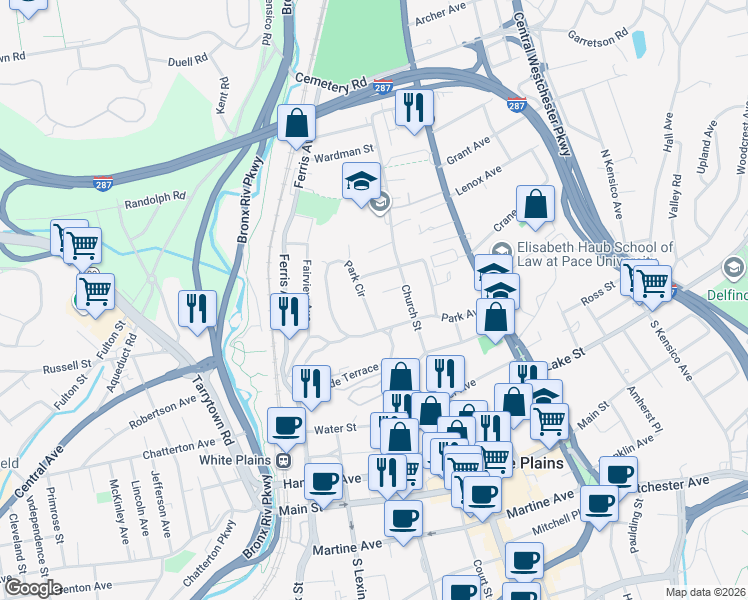 map of restaurants, bars, coffee shops, grocery stores, and more near 9 Park Circle in White Plains