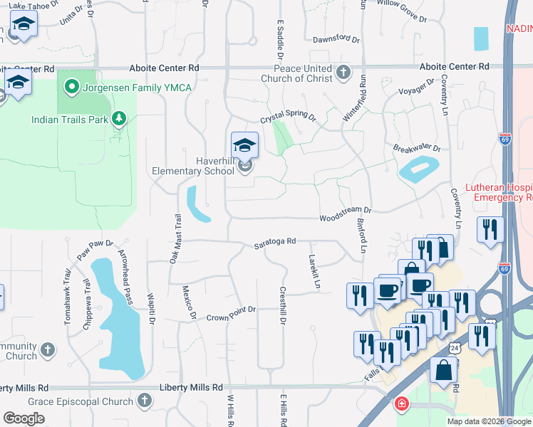 map of restaurants, bars, coffee shops, grocery stores, and more near 9928 Woodstream Dr in Fort Wayne