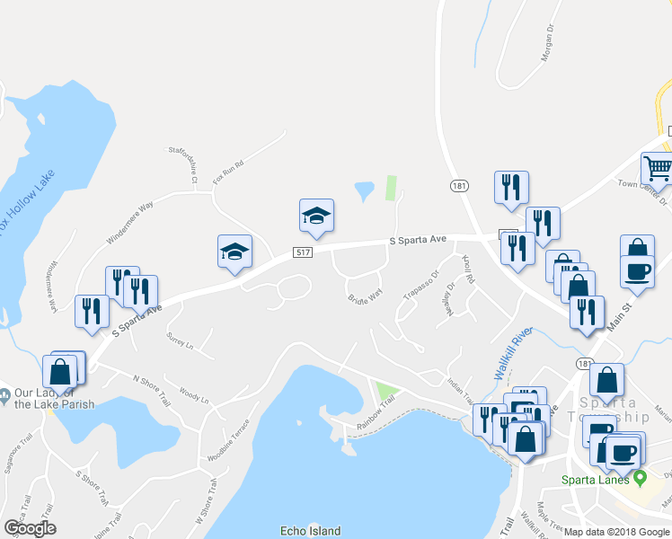map of restaurants, bars, coffee shops, grocery stores, and more near 71 Carriage Lane in Sparta Township
