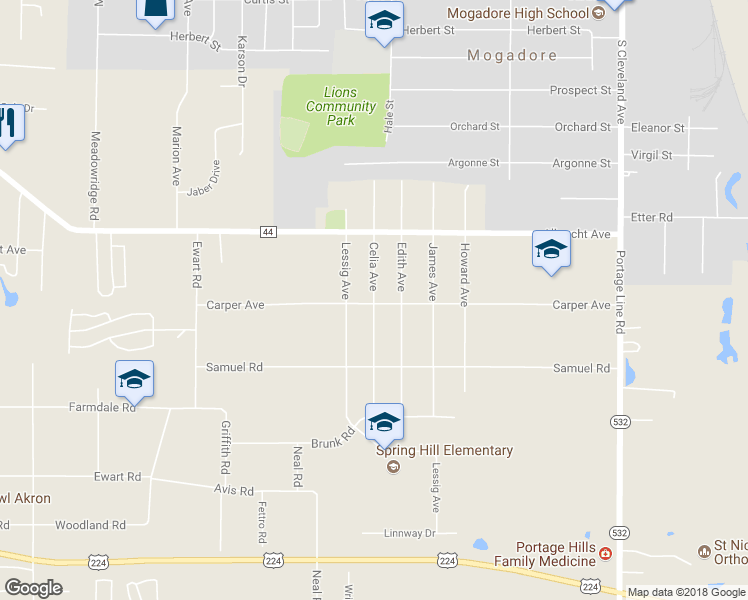 map of restaurants, bars, coffee shops, grocery stores, and more near 447 Celia Avenue in Akron
