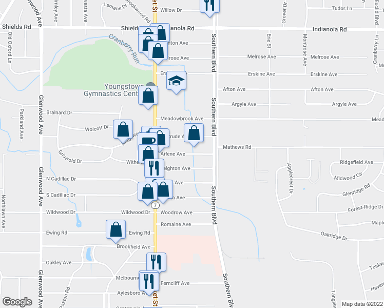 map of restaurants, bars, coffee shops, grocery stores, and more near 48 Arlene Avenue in Youngstown