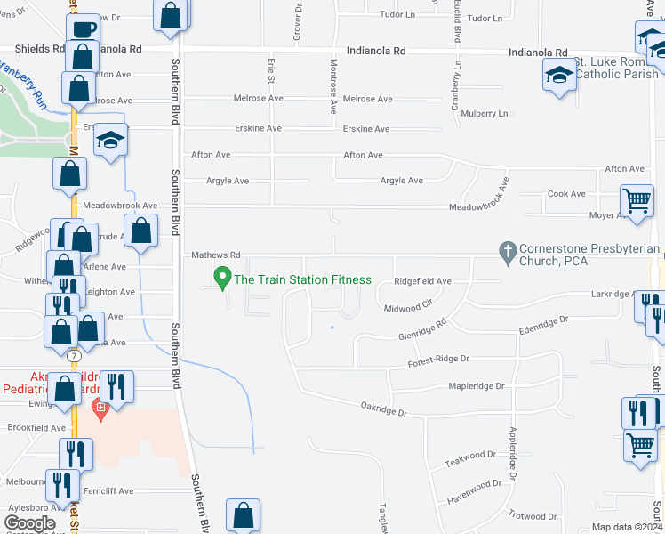 map of restaurants, bars, coffee shops, grocery stores, and more near 6082 Applecrest Court in Youngstown