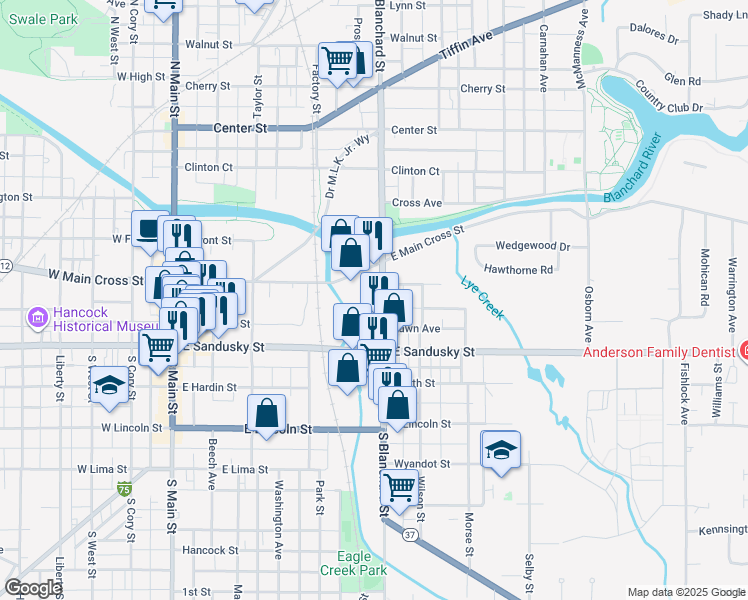 map of restaurants, bars, coffee shops, grocery stores, and more near 330 South Blanchard Street in Findlay