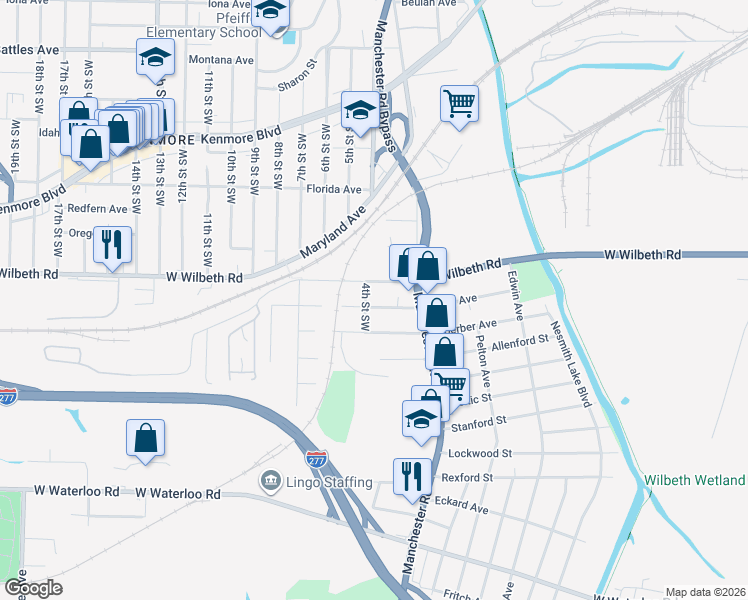 map of restaurants, bars, coffee shops, grocery stores, and more near 575 Flora Avenue in Akron