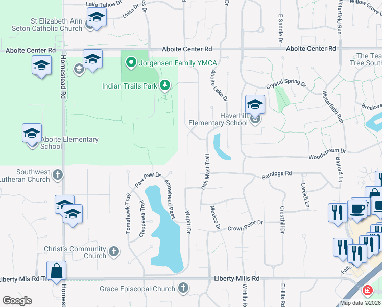 map of restaurants, bars, coffee shops, grocery stores, and more near 4913 Live Oak Court in Fort Wayne