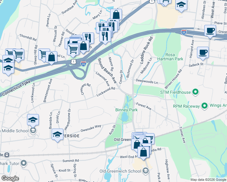 map of restaurants, bars, coffee shops, grocery stores, and more near 150 Lockwood Road in Greenwich