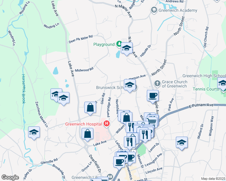 map of restaurants, bars, coffee shops, grocery stores, and more near 31 Perryridge Road in Greenwich