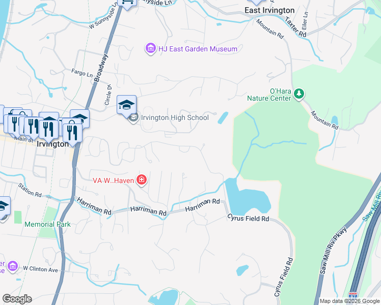 map of restaurants, bars, coffee shops, grocery stores, and more near 129 Rutter Dubois Lane in Irvington