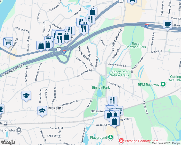 map of restaurants, bars, coffee shops, grocery stores, and more near 150 Lockwood Road in Greenwich