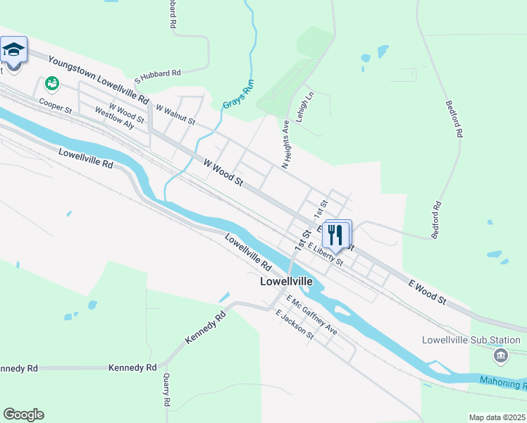 map of restaurants, bars, coffee shops, grocery stores, and more near 58 West Liberty Street in Lowellville